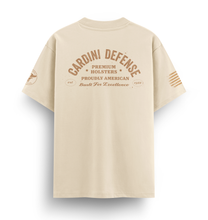Load image into Gallery viewer, Cardini Defense “Heritage Standard” Logo Tee – Men’s Classic American Brand Shirt, 60/40 Cotton-Poly Blend, Sand