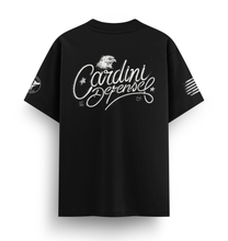 Cargar imagen en el visor de la galería, Cardini Defense “Script & Soar” Graphic Tee – Men’s Hand-Lettered Eagle Logo Shirt, 60/40 Cotton-Poly Blend, Black