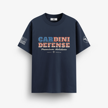 Cargar imagen en el visor de la galería, Cardini Defense “Patriot Logo” Graphic Tee – Men’s American Flag Holster Shirt, 60/40 Cotton-Poly Blend, Black or Navy