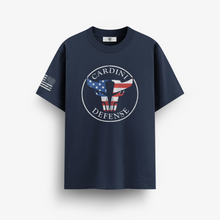 Load image into Gallery viewer, Cardini Defense “Patriot Bull” Logo Tee – Men’s American Flag Graphic Shirt, 60/40 Cotton-Poly Blend, Black or Navy